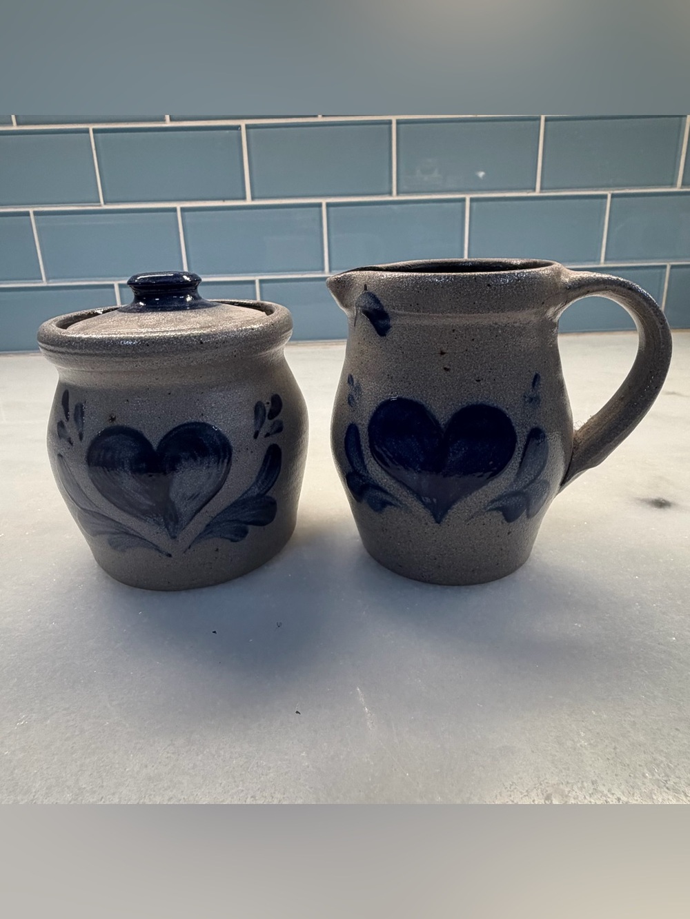 Rowe Pottery Works 1994 Blue Heart Salt Glaze Stoneware Pitcher Crock Lid Set